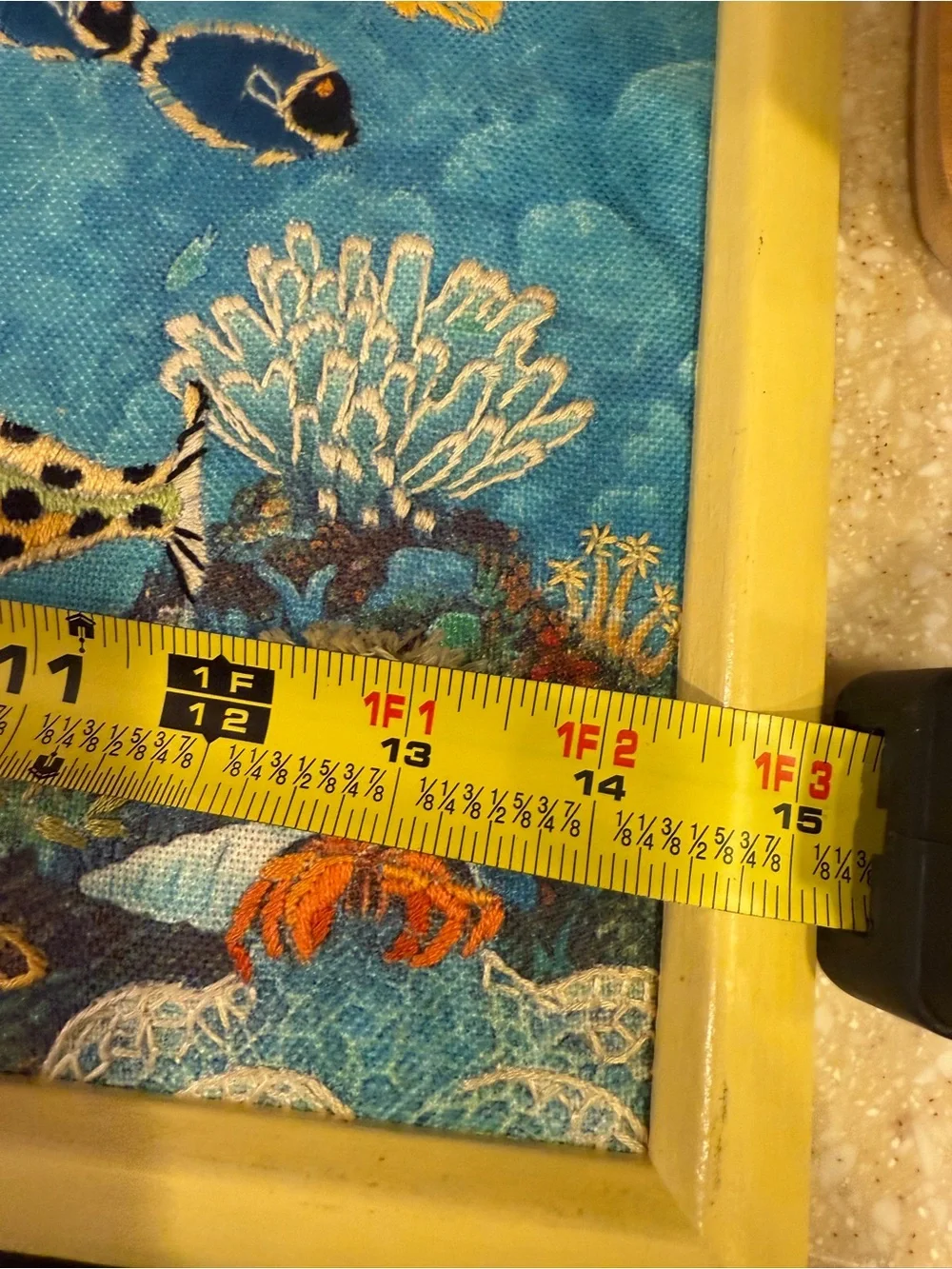 Unique Tropical Fish Reef Needle Point Embroidered Wall Art in Blue and Yellow